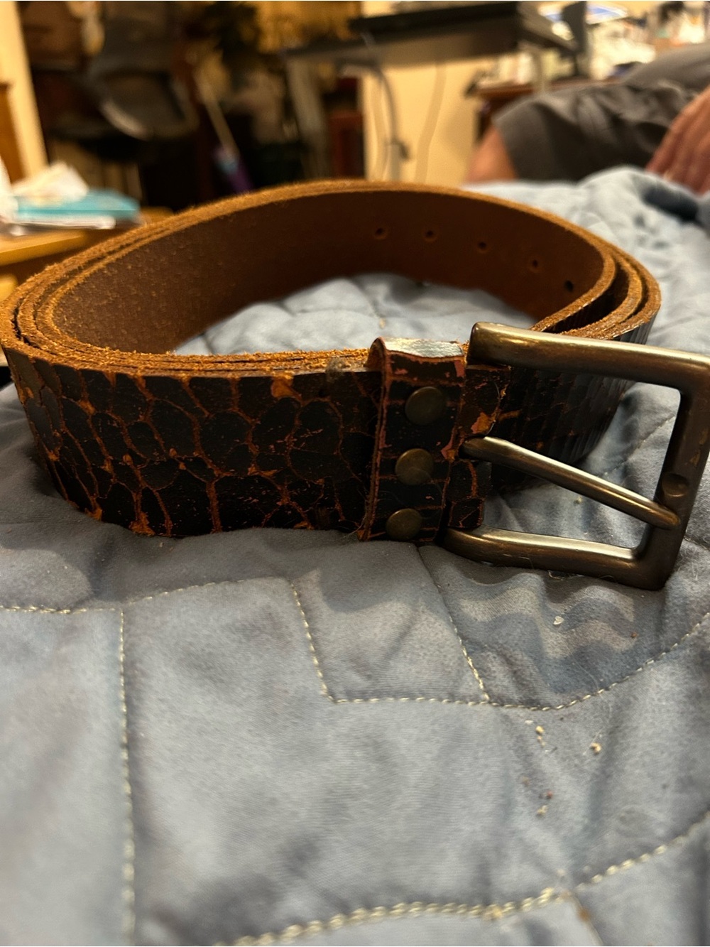 Men's Brown Distressed Leather Casual Belt with Antique Metal Buckle